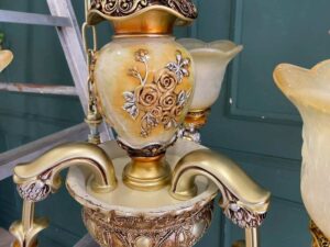 Chandelier, glass pendant lamp with gold rose design