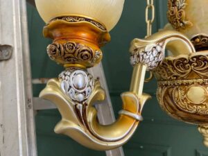 Chandelier, glass pendant lamp with gold rose design