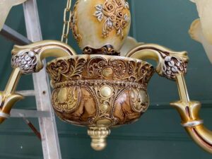 Chandelier, glass pendant lamp with gold rose design