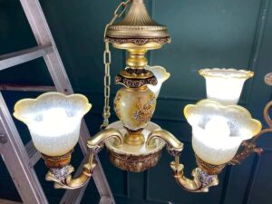 Chandelier, glass pendant lamp with gold rose design