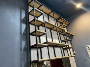 Steel frame shelf, wooden top