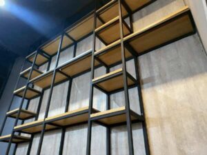 Steel frame shelf, wooden top
