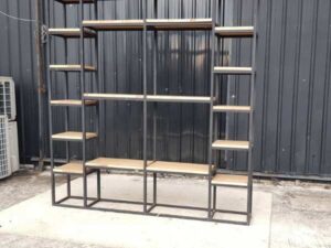 Steel frame shelf, wooden top