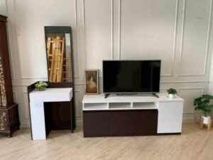 Wardrobe + TV stand + dressing table, dark brown, modern style