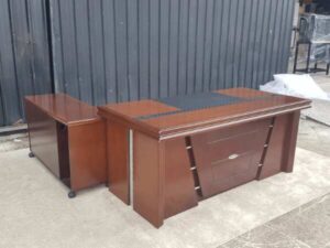 L-shaped corner executive desk with document cabinet and keyboard tray, brown wooden frame