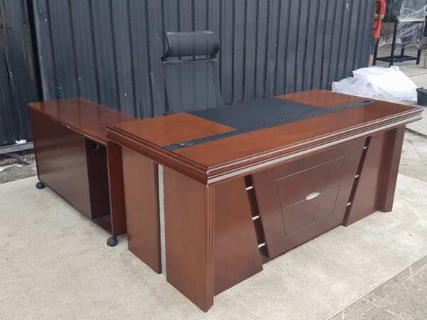 L-shaped corner executive desk with document cabinet and keyboard tray, brown wooden frame
