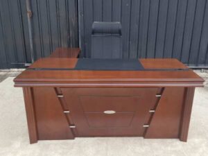 L-shaped corner executive desk with document cabinet and keyboard tray, brown wooden frame