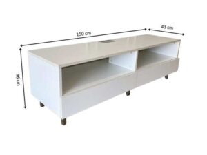 Wooden TV stand with 2 drawers and 2 storage compartments, includes power strip, white color.