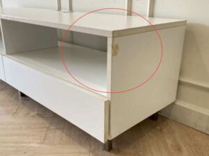 Wooden TV stand with 2 drawers and 2 storage compartments, includes power strip, white color.