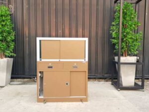 Jewelry display cabinet with glass, 1 opening door, 1 sliding door, 2 drawers, brown.