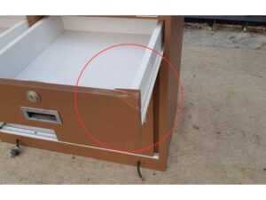 Jewelry display cabinet with glass, 1 opening door, 1 sliding door, 2 drawers, brown.