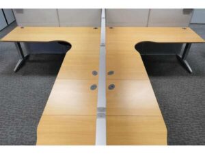 Group work desk, 2 seats, U shape, wood color top, Ultra brand, light gray steel legs.