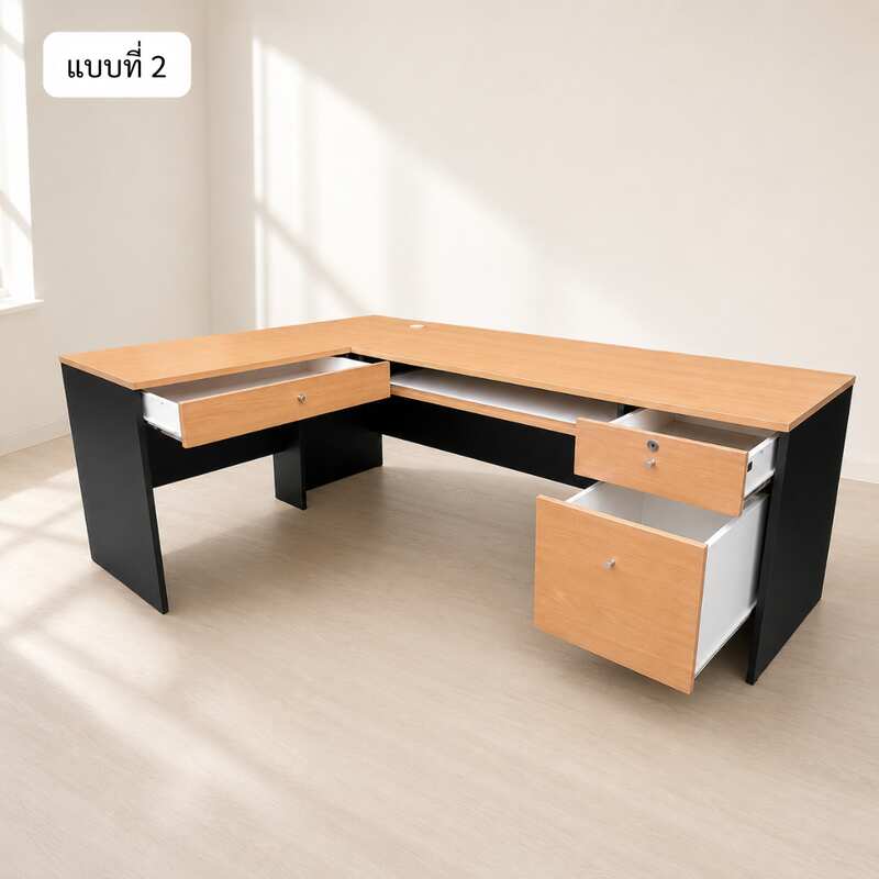 Black L-shaped corner desk with brown wood-tone top; modular/separable