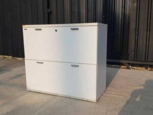 Moflex brand white mobile cabinet with 2 drawers.
