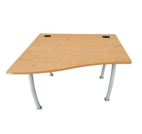 L-shaped desk with curved steel legs.