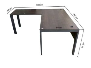 L-shaped corner desk with steel legs and dark brown wood top, with power strip.