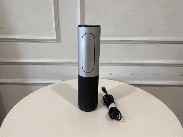 Black Logitech conference webcam with microphone and speaker