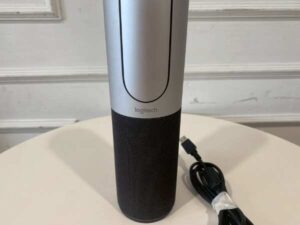 Black Logitech conference webcam with microphone and speaker