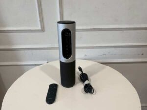 Black Logitech conference webcam with microphone and speaker