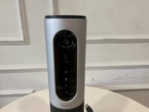 Black Logitech conference webcam with microphone and speaker