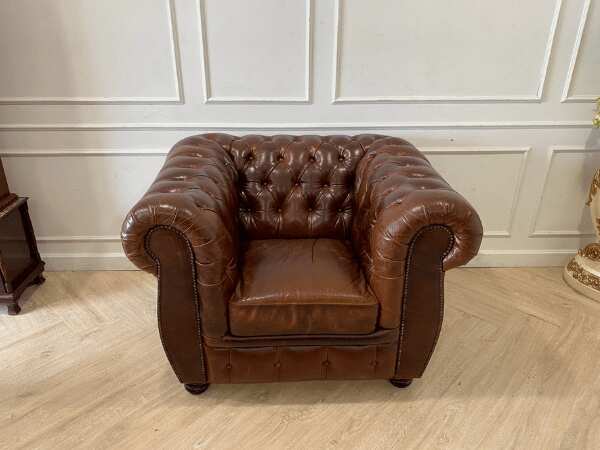 1-seater armchair, full genuine leather upholstery, studded, button-tufted, brown color, Chesterfield style, SB FURNITURE brand (1)_TJJQ5DZRA1