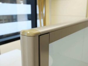 Glass partition, steel frame, Haworth brand