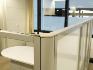 Glass partition, steel frame, Haworth brand