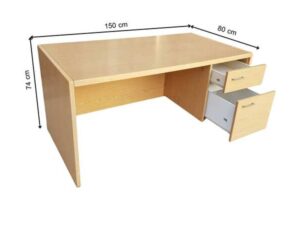 Two-drawer desk, brown wooden frame, 150 cm wide.
