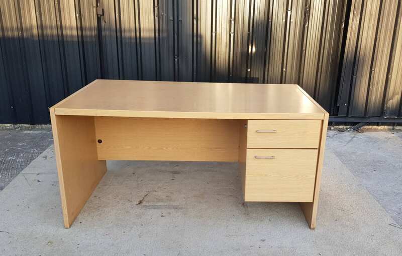 Two-drawer desk, brown wooden frame, 150 cm wide.