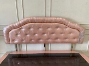 6-foot bed with leather cushions and button-tufted pink mattress. 6-foot mattress, 9-inch thick.