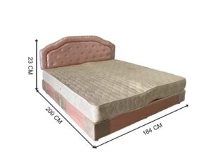6-foot bed with leather cushions and button-tufted pink mattress. 6-foot mattress, 9-inch thick.