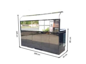 Black display cabinet with two glass doors and five wooden doors.