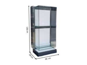 Two-shelf glass display case, black.