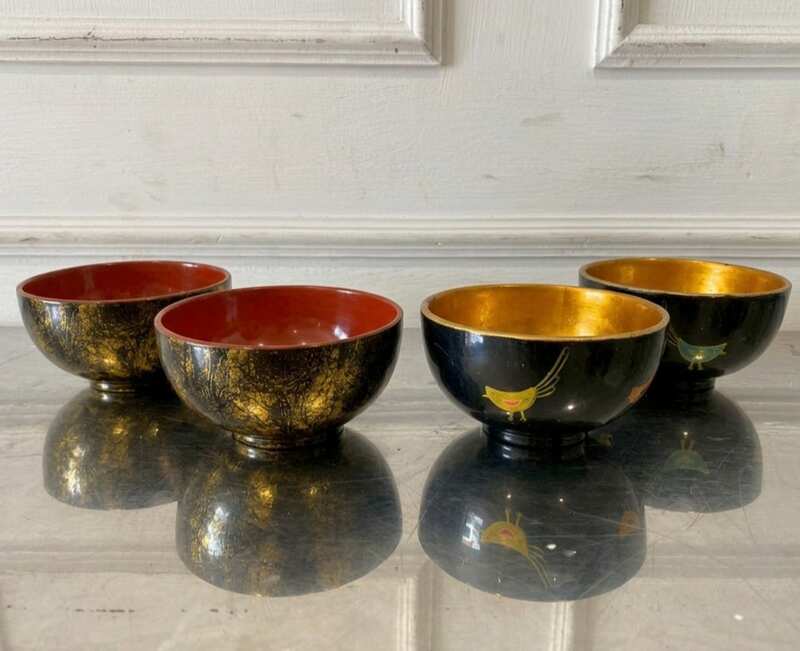 Japanese-style plastic soup bowl set in black, red, and black/gold colors, featuring marble and hand-painted bird patterns.