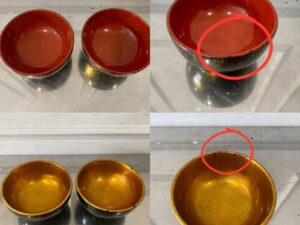 Japanese-style plastic soup bowl set in black, red, and black/gold colors, featuring marble and hand-painted bird patterns.