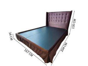 5-foot bed with button-tufted velvet upholstery in cocoa brown color. 5-foot mattress with gold vine pattern, Springmate brand, Pocket Coil Contract model.