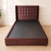 5-foot bed with button-tufted velvet upholstery in cocoa brown color. 5-foot mattress with gold vine pattern, Springmate brand, Pocket Coil Contract model.