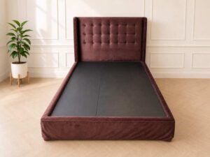 5-foot bed with button-tufted velvet upholstery in cocoa brown color. 5-foot mattress with gold vine pattern, Springmate brand, Pocket Coil Contract model.