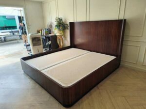 Modern 6-Foot Walnut Wood Grain Bed with High Headboard and Rounded Frame