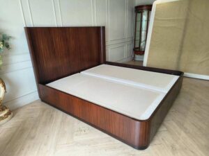 Modern 6-Foot Walnut Wood Grain Bed with High Headboard and Rounded Frame