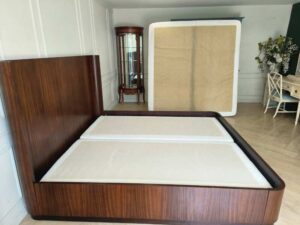 Modern 6-Foot Walnut Wood Grain Bed with High Headboard and Rounded Frame