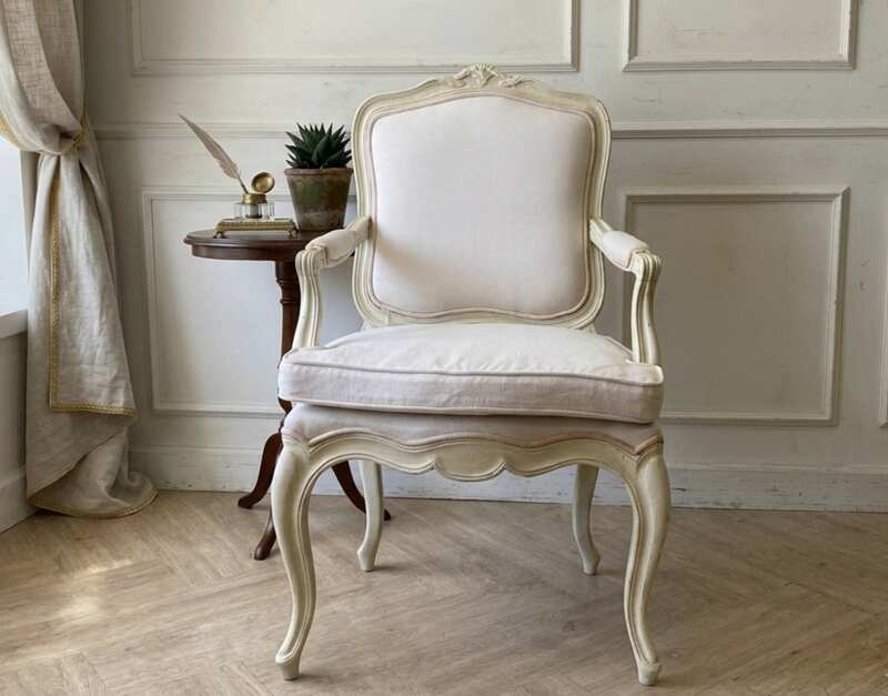 Wooden chair, Louis XV armchair with white fabric cushion.