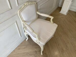 Wooden chair, Louis XV armchair with white fabric cushion.
