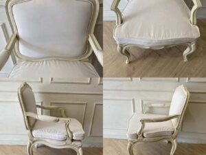Wooden chair, Louis XV armchair with white fabric cushion.