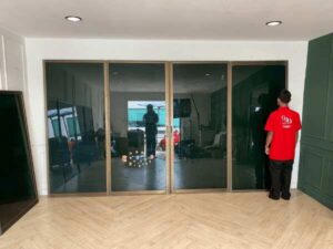 Sliding glass door with fixed panel