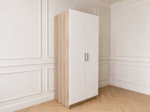 White two-door wardrobe with wooden frame, Index brand, VASH model.
