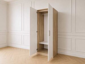 White two-door wardrobe with wooden frame, Index brand, VASH model.