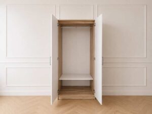White two-door wardrobe with wooden frame, Index brand, VASH model.