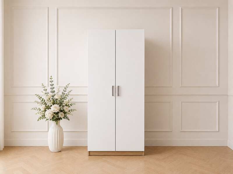 White two-door wardrobe with wooden frame, Index brand, VASH model.