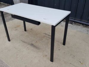 Work desk with white MDF top and black steel legs.